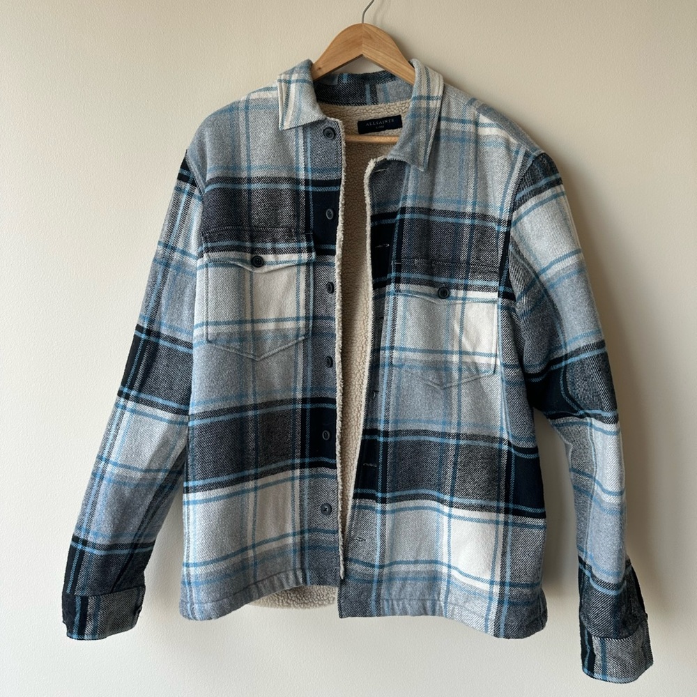 ALLSAINTS Ormond Blue and Black Checked Sherpa Jacket Size Large